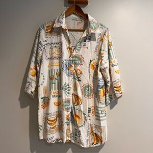 Label of Love Italian Print Tunic Top Button Down Shirt Cover Up Dress Ciao Med